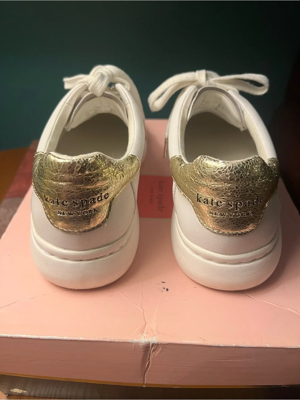 kate spade Lift White Leather Lace-Up Sneakers with Gold Heel Tab
